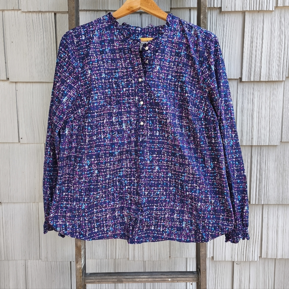 Talbots Geometric Rhinestone Button Ruffle Popover sz XL Purple Chic Office